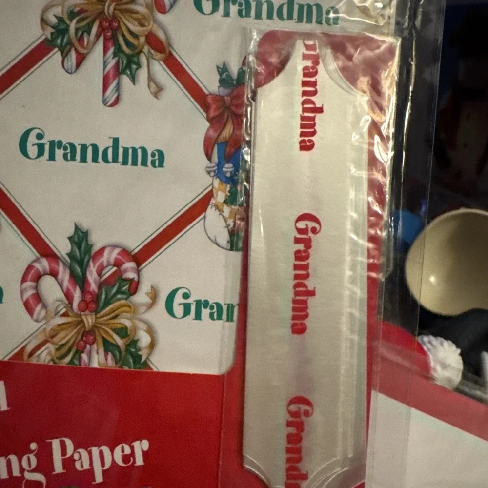 3 VTG Holiday Christmas Wrapping Paper & Pull Bow Personalized GRANDMA Stravina